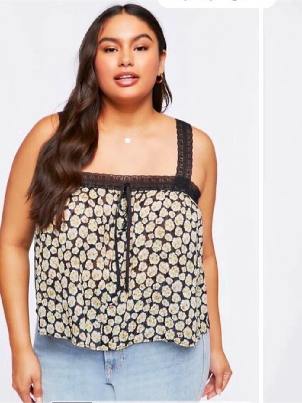 Forever 21+ Black White Floral Lace Trim Cami Tank Top Square Neck OX
